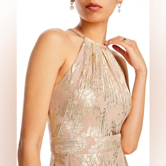 Aqua Formal Floral Print Foil Halter Gown Metallic Gold Beige size 10 - Picture 3 of 16